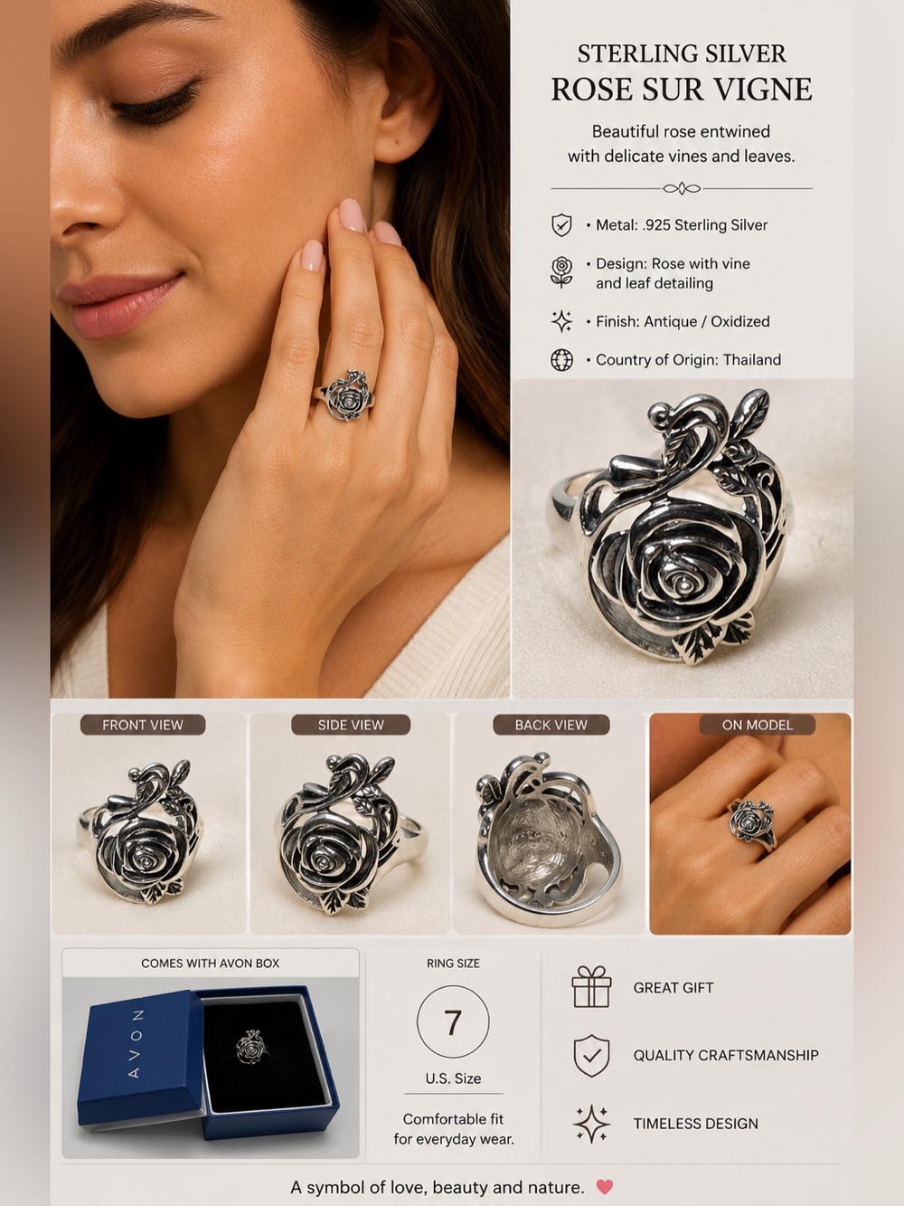 Avon Silver Rose Ring with Intricate Design